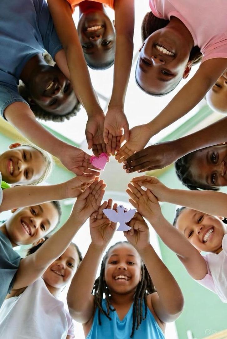 Enfants en cercle, mains tendues vers le centre